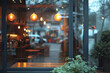 Stylish cafe with warm hanging lights, Early evening
