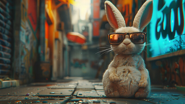 Lapin élégant avec des lunettes de soleil : une illustration branchée et urbaine d'un lapin à la mode