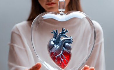 A model photo demonstration of a strong transparent glass body with a powerful heart