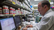 A highly detailed image of a pharmacist analyzing prescription details on a computer in a hospital pharmacy surrounded by medication