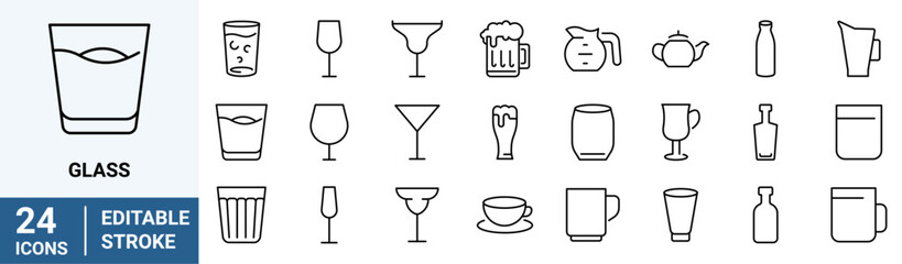 Wall Mural - Glass web line icon set. Drink glassware type - beer mug, whiskey shot, wineglass, teapot minimal vector illustration. Editable Stroke.