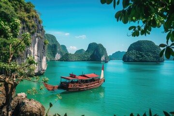 Wall Mural - Tropical island  Long bay  Asia Amazed nature scenic landscape of James Bond Island with a boat for a traveler, Ai generated