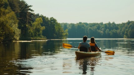 Having fun kayaking in a lake on a summer day, a young man pushes a canoe through the water while a woman sits on it.