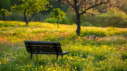 Wall Mural - A park bench sitting in a field of flowers