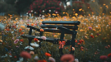 Wall Mural - A park bench in a field of flowers