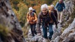 An active lifestyle group of seniors climbing rocks outdoors in nature with an instructor.