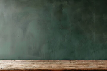 Wooden table against green wall. Textured wall copy space. Wall scene mockup product for showcase, Promotion background.