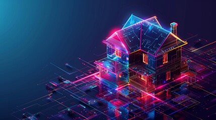 Fototapete - Programming software for smart houses. CAD design in CAD programs for smart buildings. Automation through artificial intelligence for IoT. 3D architectural drawings.