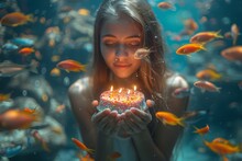 Portrait Of A Young Woman Underwater Holding A Birthday Cake With Burning Candles. Little Goldfish Swim Around Her.