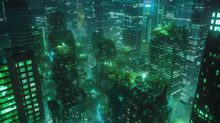 Aufkleber - Futuristic City at Night With Green Lights