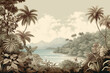  Vintage botanical illustration of a beach among tropical trees, tropical flowers. Boho wallpaper
