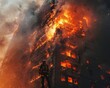 An intense scene of a firefighter battling a fierce blaze in a high-rise building, with flames and smoke