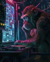 Pensive Macaque In A Hightech Lab, Vibrant Scifi Elements, A Touch Of Mystery