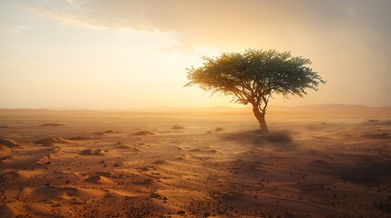 Single tree in the middle of desert Sahara with sands storm nature landscape AI generated