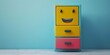 a colorful stylized filing cabinet character standing on a white background The cabinet has three drawers