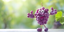 Joyful Grape Cluster Character Dancing Amidst Vibrant Vineyard Backdrop with Copy Space