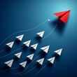 © Ram - a red paper plane leading a group of white paper planes against a blue background. The red plane is flying in an upward trajectory, symbolizing leadership, innovation, and standing out from the crowd