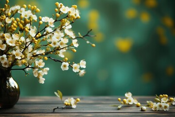 Wall Mural - Tree branch of a flowering tree on blurred wooden background with copy space.