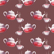 Vector seamless pattern of a cup and a glass teapot with fruit tea