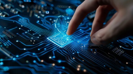 Fototapete - UI using artificial intelligence (AI) with deep learning and data mining, via hand touch of the CPU icon...