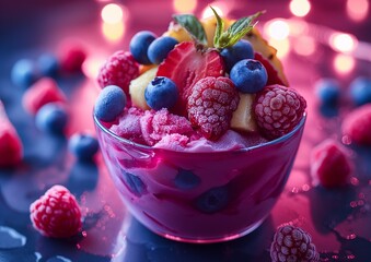 Frozen healthy berries, pineapple, tropical fruits on ice cream