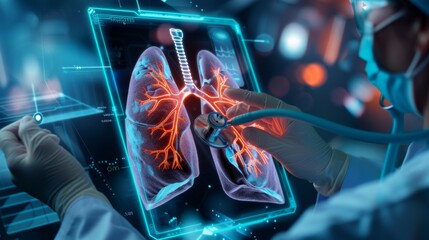 Aufkleber - A medical technology diagnostic concept shows a doctor with a stethoscope examining the lungs of a patient on a digital tablet with an Ui virtual screen.