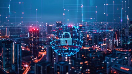 Poster - A cyber security data protection concept on a city background...........