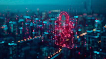 Poster - An illustration of a cyber security data protection concept against a city background...