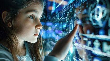 Aufkleber - Young girl exploring advanced technology with interactive touchscreen display at futuristic exhibition. Education and technology.