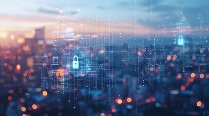 Poster - On a city background, a concept of cyber security data protection is shown...