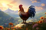 Fototapeta Zwierzęta - a rooster standing on a rock with flowers and mountains in the background