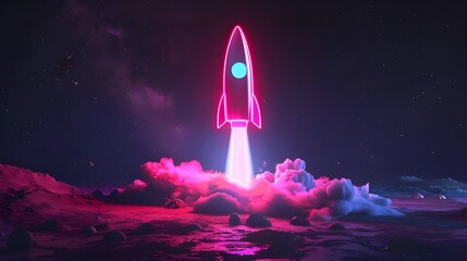 Wall Mural - Rocket taking off with fire and smoke over neon glowing light. Spaceship launch on black background.