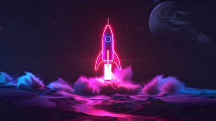 Wall Mural - Rocket taking off with fire and smoke over neon glowing light. Spaceship launch on black background.
