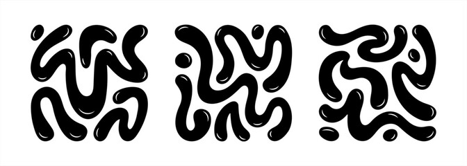 Aufkleber - Liquid, organic blobs, y2k style squiggles, groovy doodle wavy stripes inscribed in a square shape, bold scribbles, spots. Black fluid graphic design elements set, text background collection.