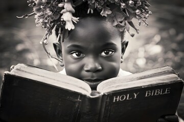 African American young girl reading the holy bible studying Christianity