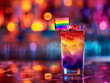Colorful pride-themed cocktail with rainbow layers and vibrant bokeh background