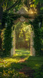 Majestic white gate opens to green lawn, ancient trees, soft light, wide shot, entrance to paradise