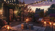 As dusk settles on a cool autumn evening, an inviting rooftop terrace is aglow with outdoor string lights and lanterns, enhancing the cozy ambiance of this beautiful house setting.