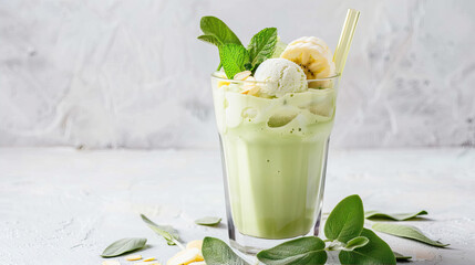 Poster - Glass of green smoothie with banana
