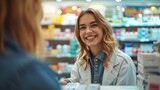 Fototapeta Miasto - Smiling Young Pharmacist Assisting Customer
