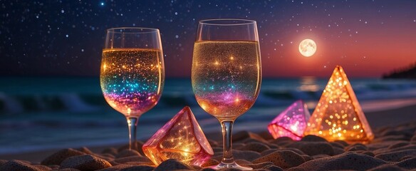 Wall Mural - Glasses of champagne on the background of the night landscape