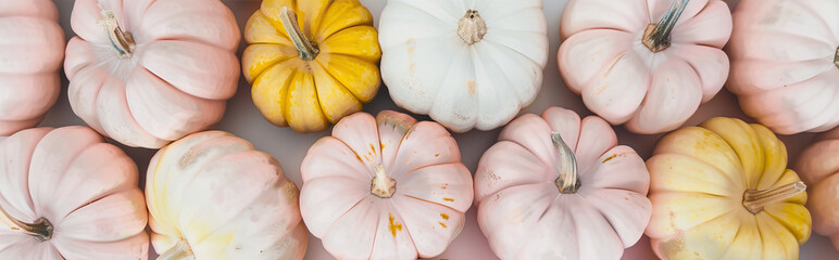 Painted pumpkins of pastel colors on a white background
