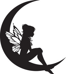 Silhouetted fairy sitting on crescent moon depicted in bold silhouette