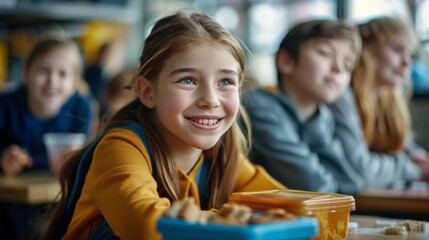 School girl eating healthy food from packed lunch box. Kids at table in cafeteria. Pupils have vegetarian breakfast in canteen. Back to school concept. Generative ai