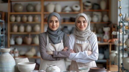 Two muslim young women in a hijab in their small pottery business. Women standing proudly in front of their pottery on shelves filled with various ceramic. Generative ai