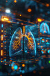 Digital artwork of human lungs with a blue color scheme among tech interface elements