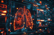 High-tech red neon outline of human lungs against a data matrix backdrop