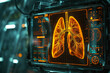 An orange glowing 3D depiction of lungs inside a high-tech control panel