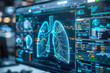 Digital monitor showcasing human lungs with comprehensive health metrics