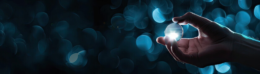 Hand holding a glowing digital coin, futuristic concept, copy space on the dark background